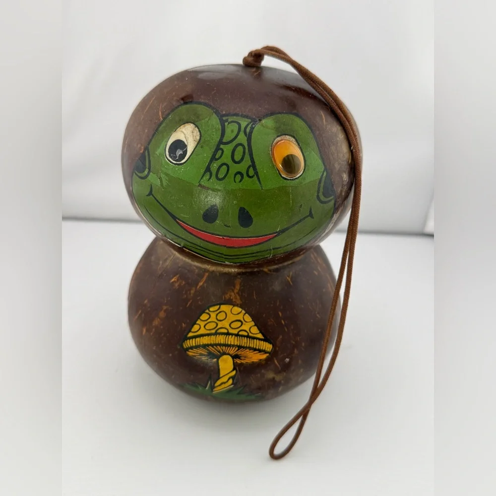 Vintage Handcrafted Wind Chime Coconut Shell Frog & Mushroom